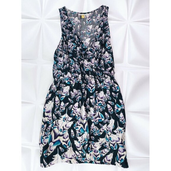 Leifsdottir Anthropologie Sz 4 Silk Feather Print Faux Wrap Dress s Blouson Tank - Picture 1 of 10